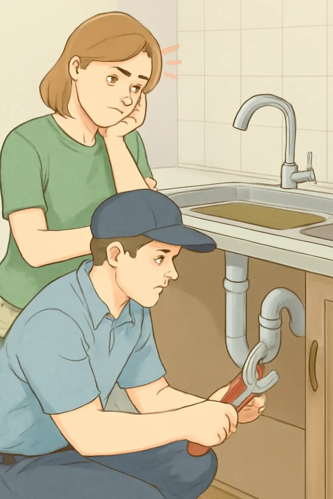 An illustration of a plumber using a wrench on pipes under a kitchen sink, while a concerned person watches.