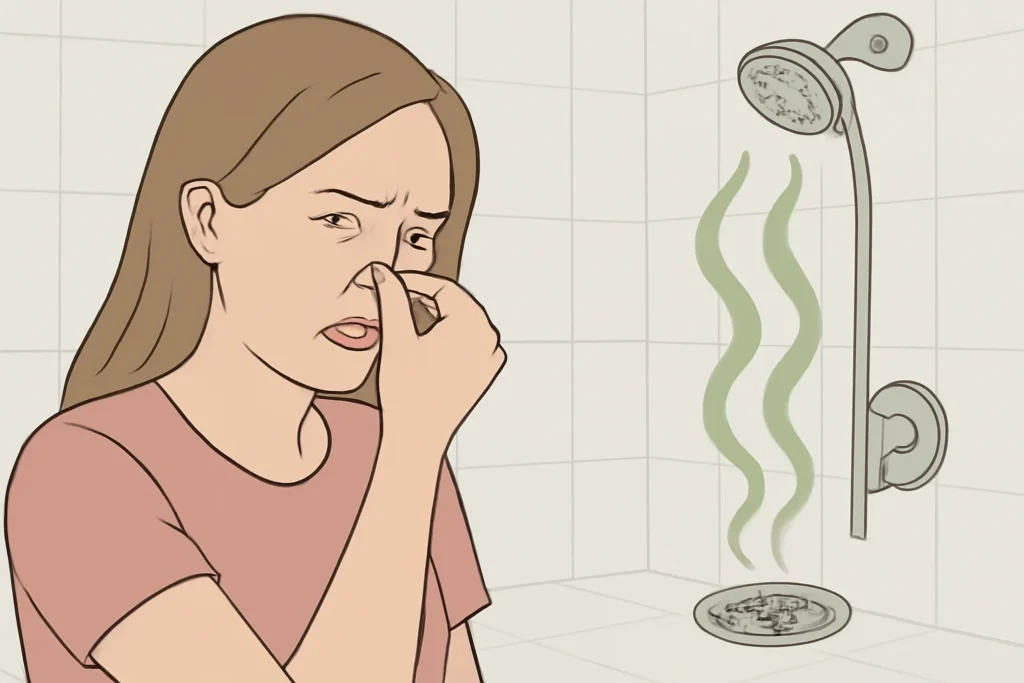 An illustration of a person holding their nose with a disgusted expression, standing near a shower drain emitting green, wavy odor lines.