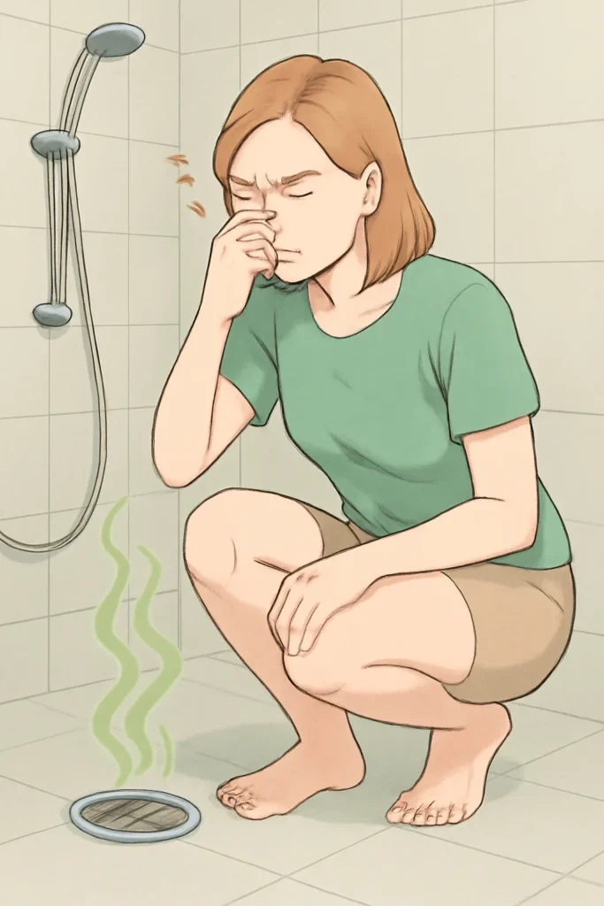 A shower drain is visually represented as the source of a strong, unpleasant odor and attracting insects, causing a nearby person to react with disgust.