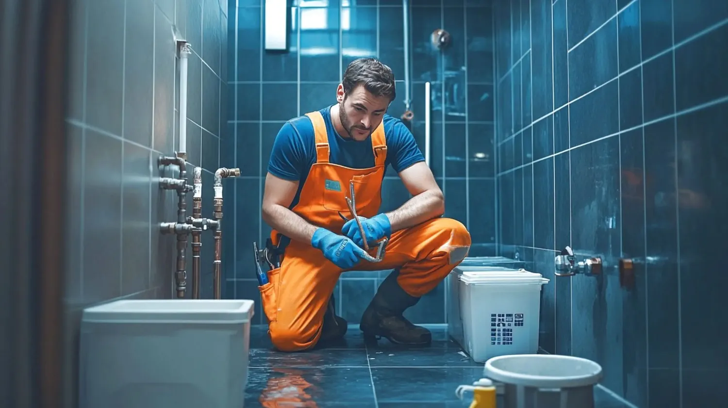 A skilled plumber, representing Drain Pros Ventura, is focused on repairing pipes in a bathroom, showcasing the type of professional plumbing services available in Ventura.