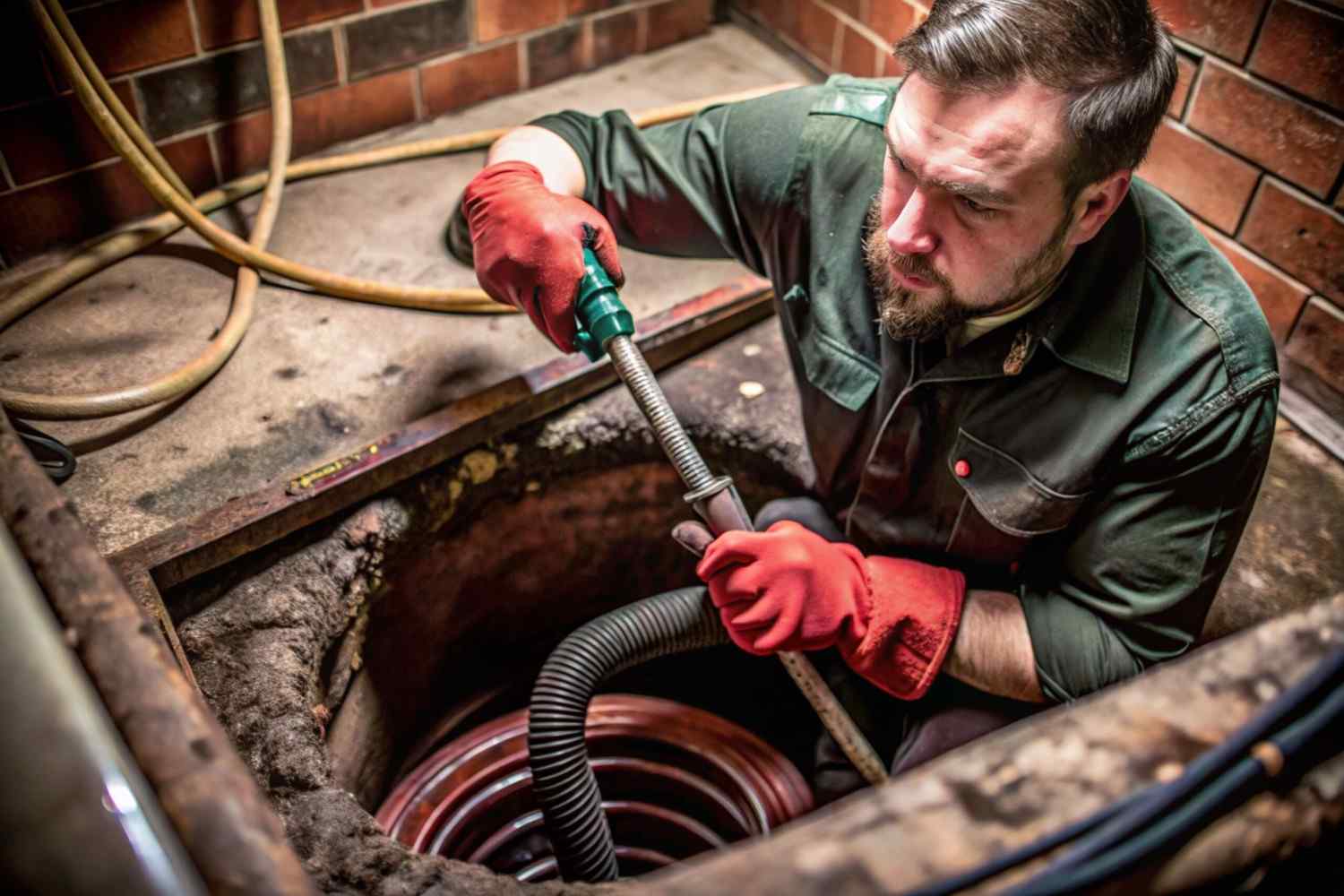 A professional plumber from Drain Pros Ventura is shown diligently working to resolve a deep drain clog using a snake, providing effective solutions for plumbing issues in Ventura.