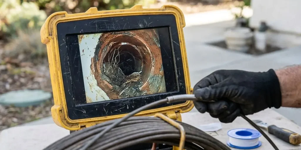 Plumbing camera inspection displaying internal pipe damage and blockages.