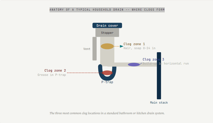 Anatomy of a typical household drain -- where clogs form