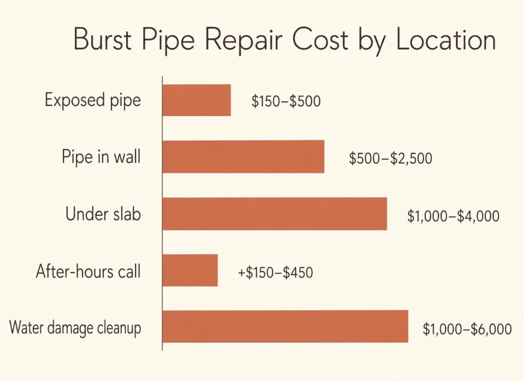 Cost bands by where the pipe actually broke.