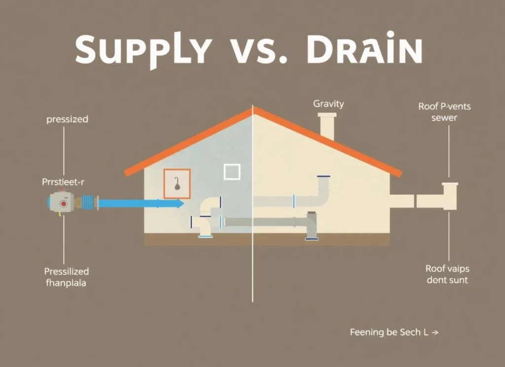 Two networks, one house. Supply comes in under pressure; drainage leaves by gravity.