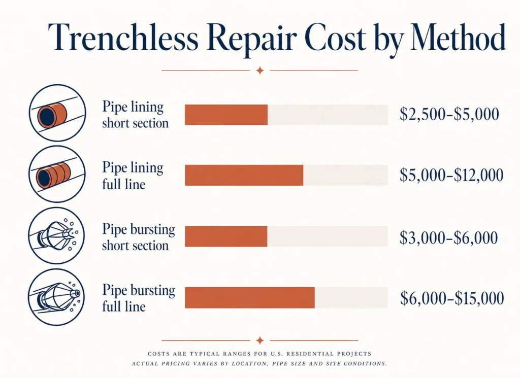 A visual snapshot of trenchless repair prices for short-section and full-line jobs.
