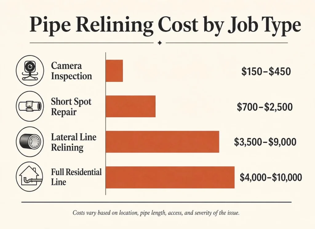 Cost bands by job type, from a quick spot repair to a full residential line.