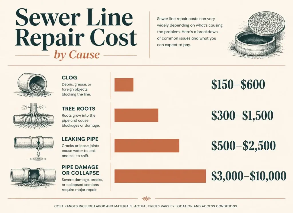 Sewer line repair cost by cause. Clogs sit at the low end; pipe damage and collapse sit at the top.
