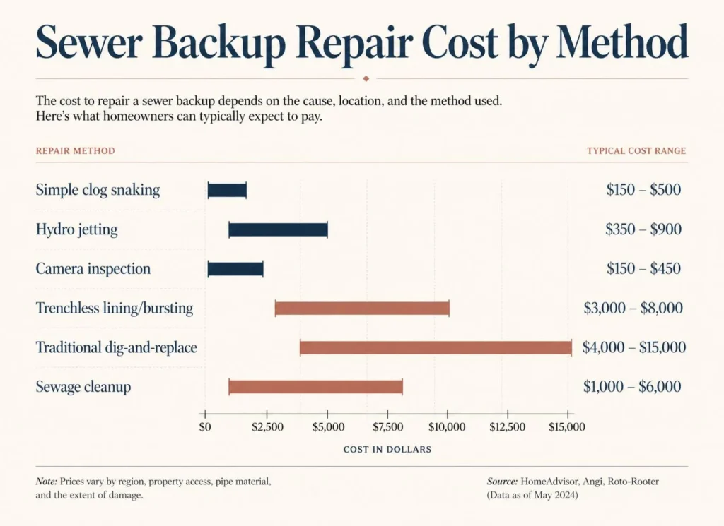 Typical price ranges for each common sewer backup repair method