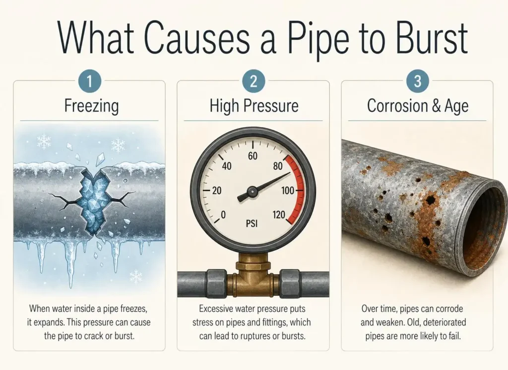 Freezing, pressure, and corrosion drive most bursts.