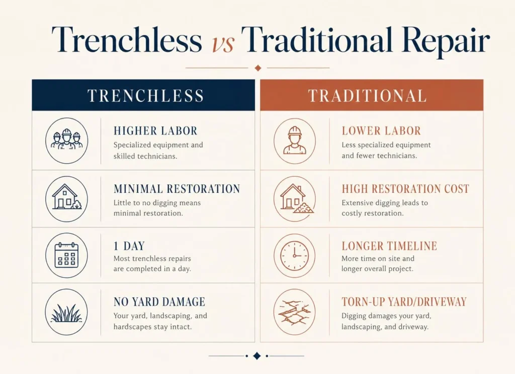 Trenchless costs more in labor but saves on restoration; traditional is the reverse.