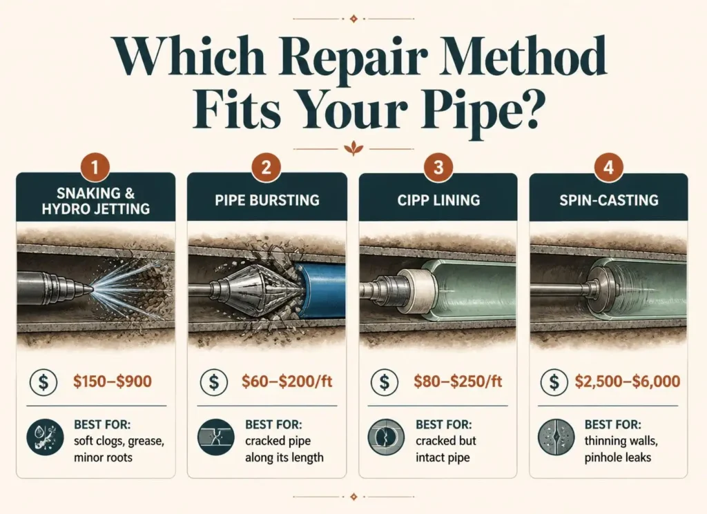Which repair method fits your pipe. Each method has a sweet spot; the camera decides which one you actually need.