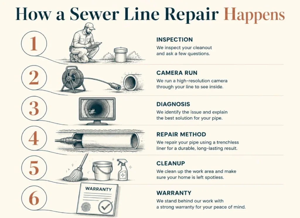 Every sewer line repair follows the same six steps, from the first inspection to the warranty on the finished work.