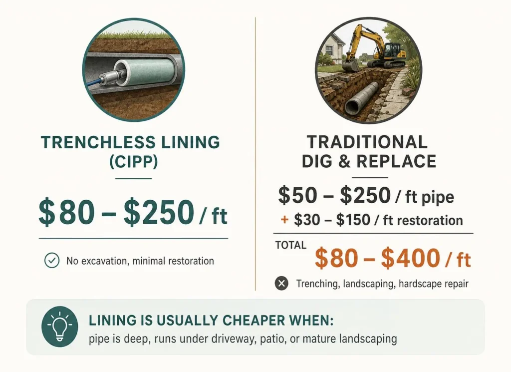 Per foot cost comparison lining is usually the cheaper option once restoration is included.