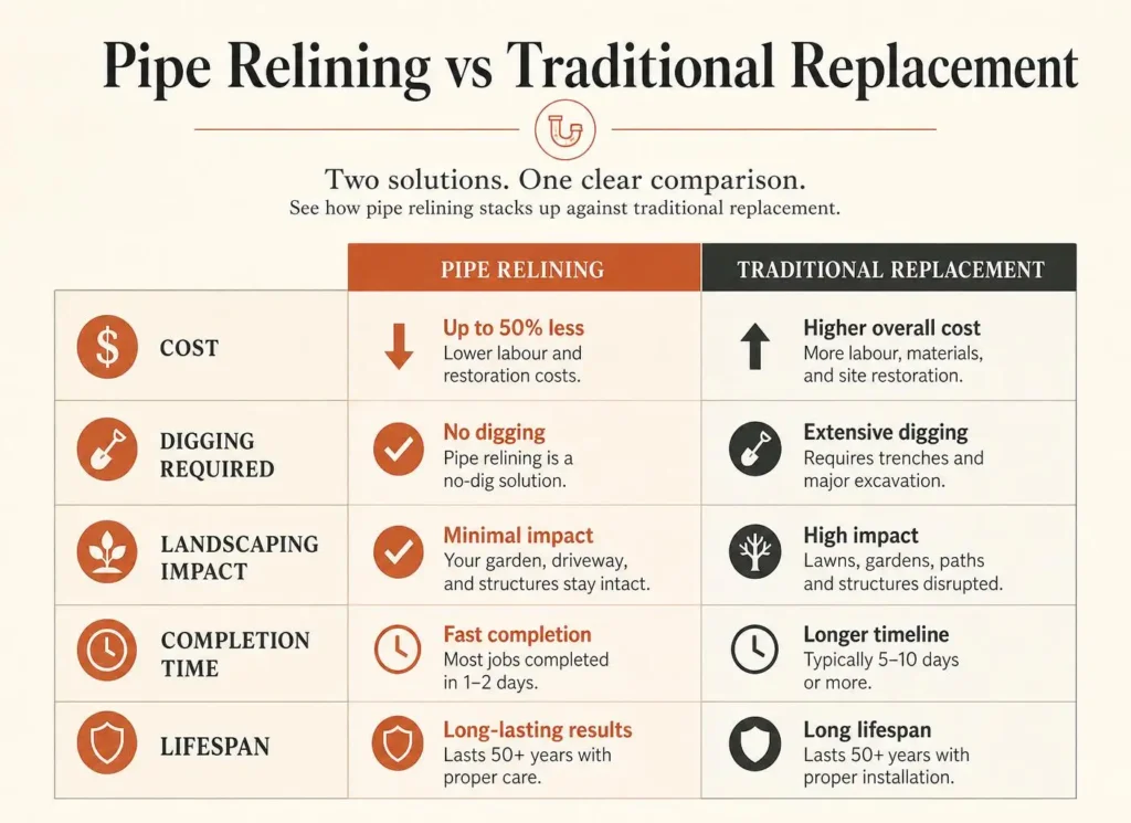 Relining vs traditional replacement, side by side.