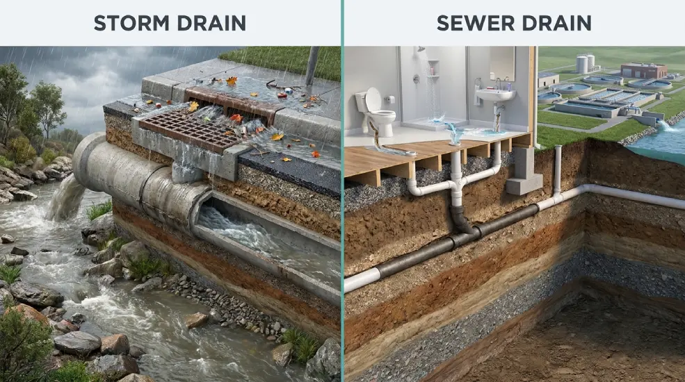 Storm Drain vs Sewer Drain showing rainwater runoff through a storm drain and wastewater flowing through a sewer drain to a treatment facility.